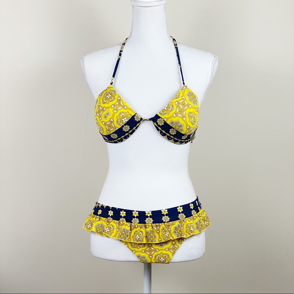 Navy and Yellow Monogram Ruffle Bikini size Large